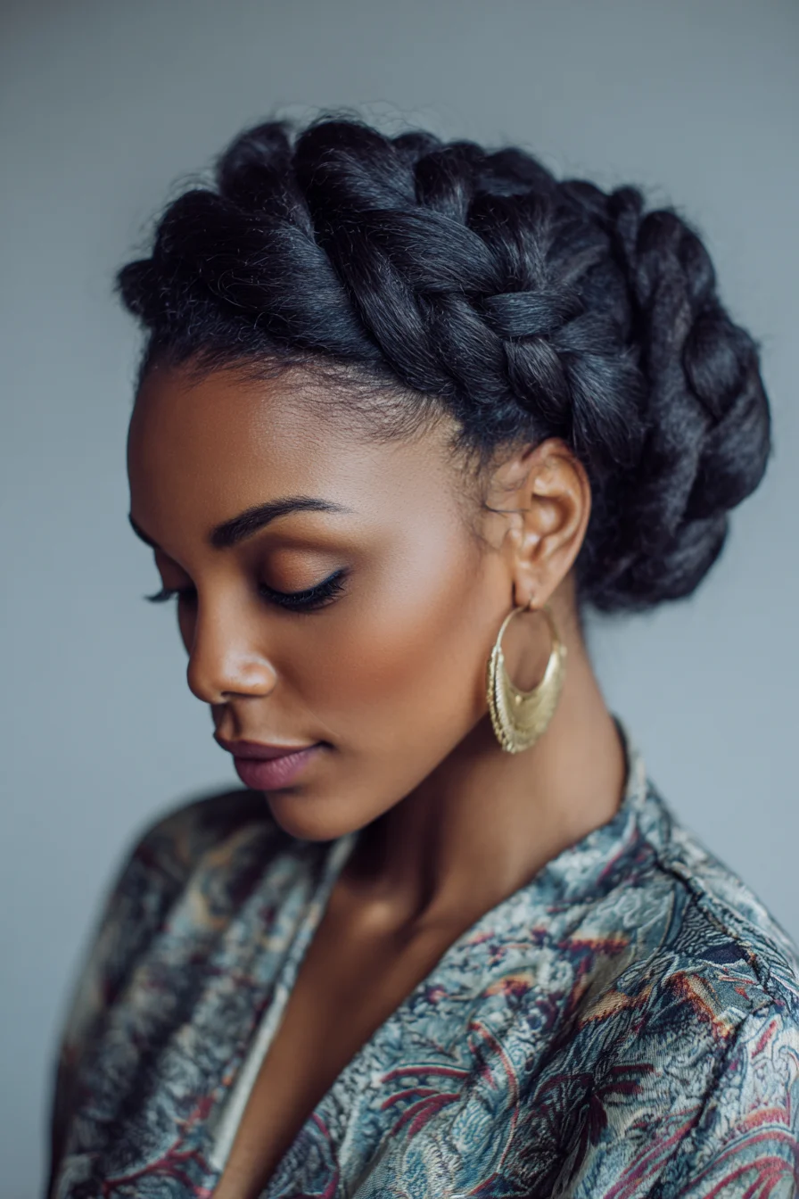 Voluminous Halo Crown Braid Updo for Natural and Thick Hair