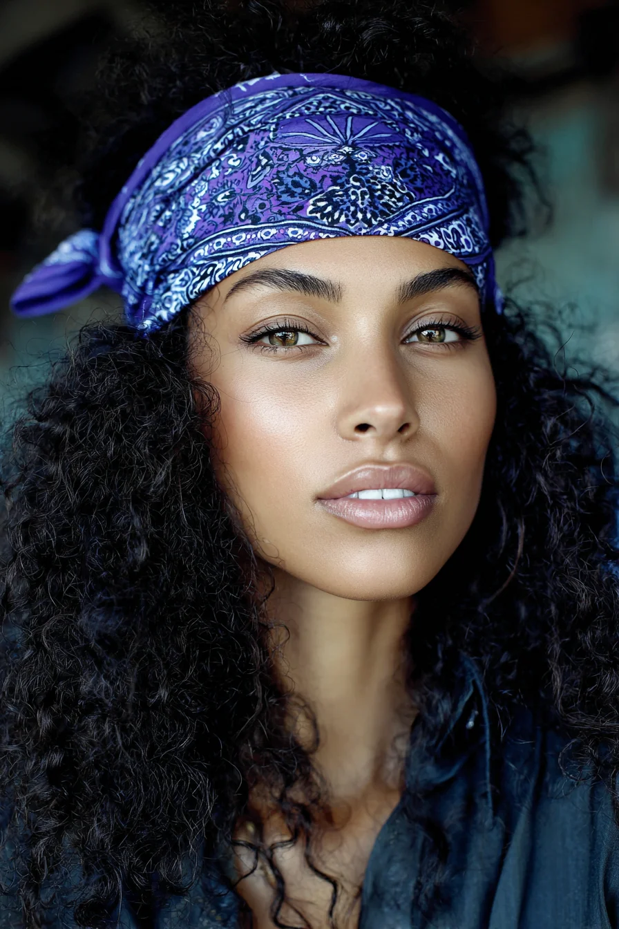 Voluminous Natural Curls Styled with a Bandana Headband