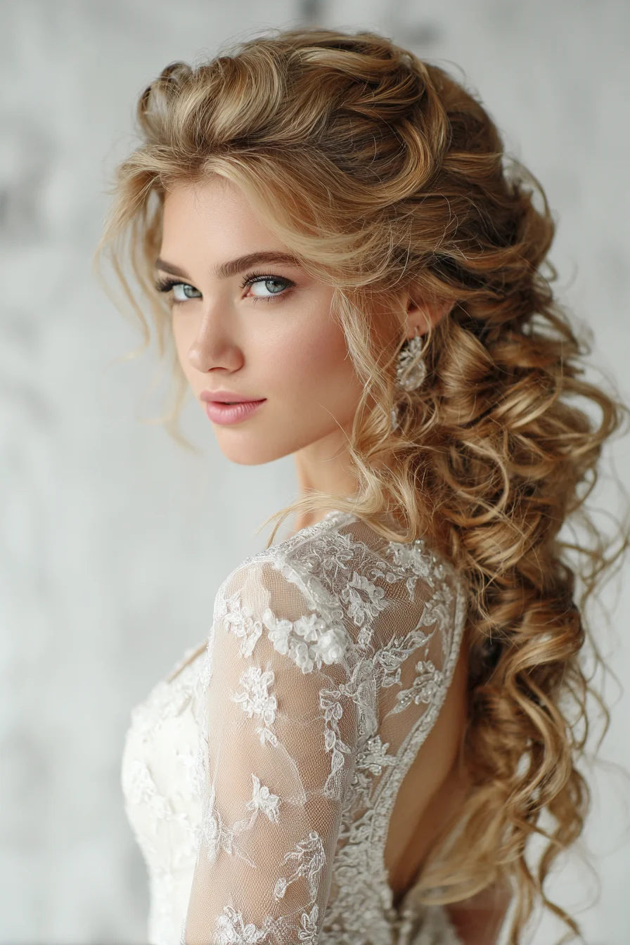 Voluminous Textured Curly Half-Up Bridal Hairstyle