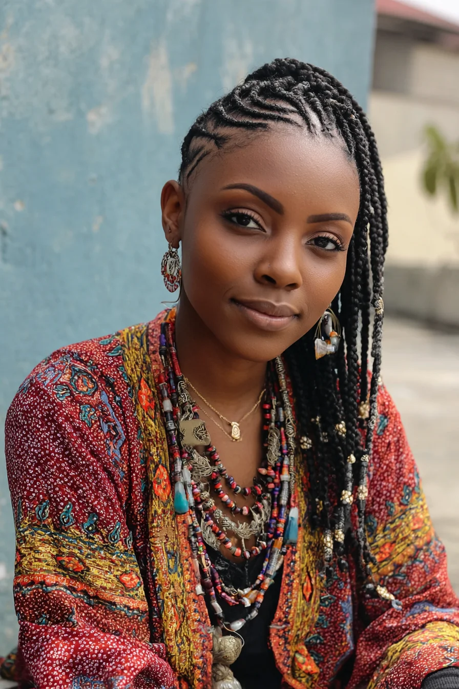 Asymmetrical Feed‑In Cornrows with Long Box Braids and Bead Accents