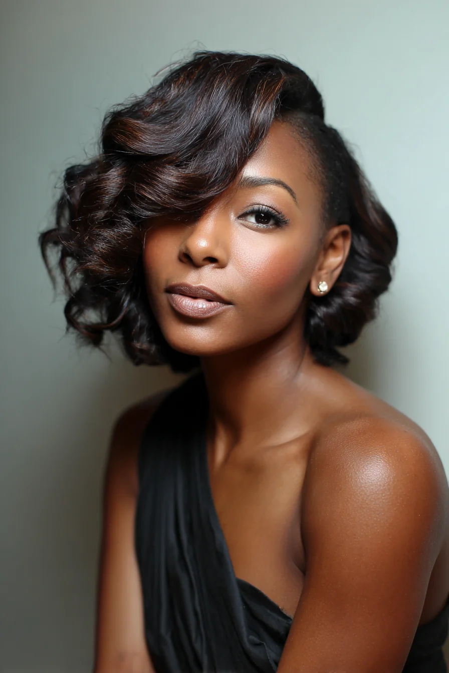 Asymmetrical Side‑Swept Curled Bob — Voluminous Short Glam Hairstyle