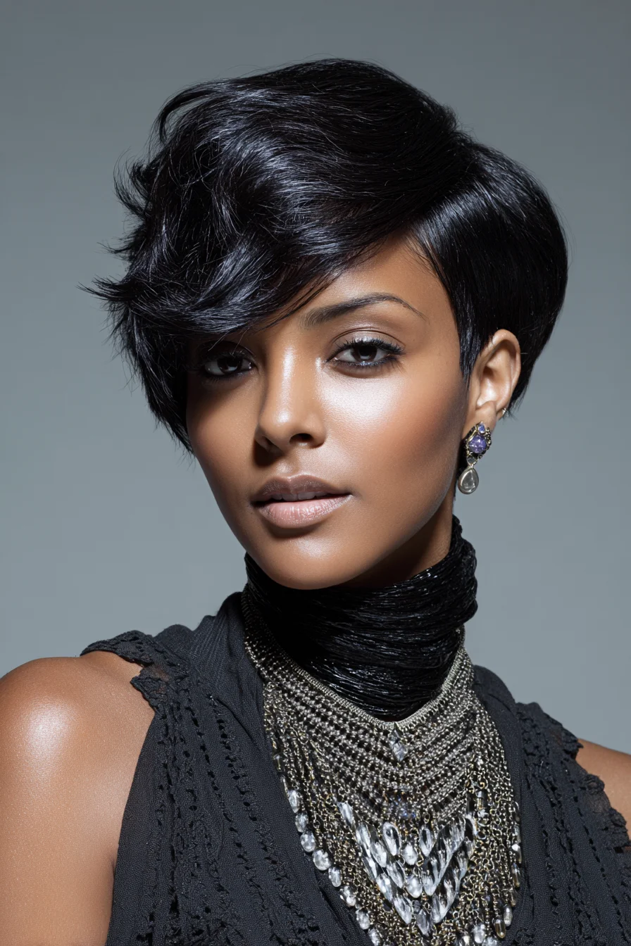 Asymmetrical Sleek Pixie with Side‑Swept Long Fringe