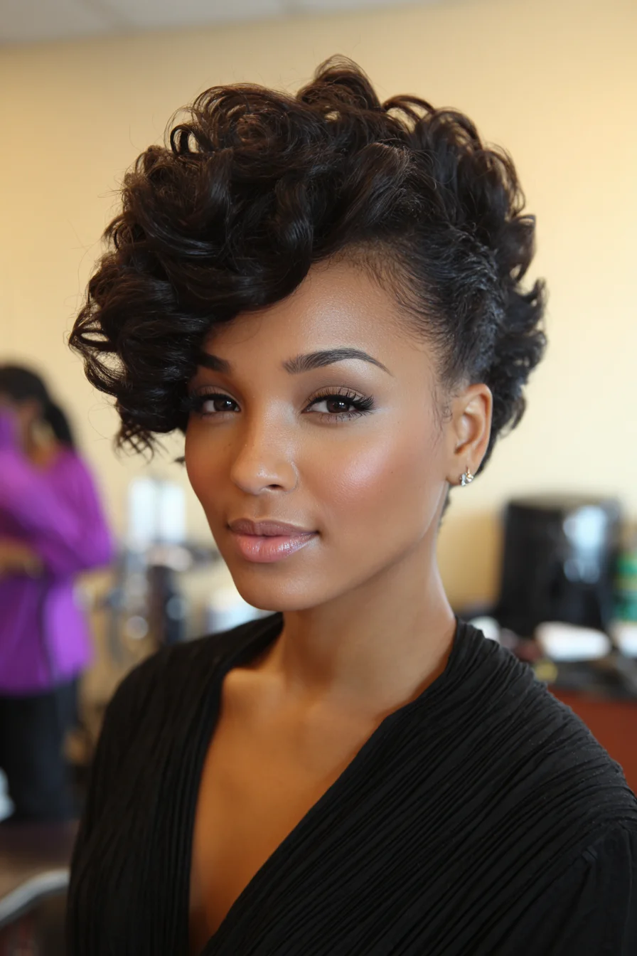 Asymmetrical Tapered Curly Pixie with Voluminous Finger Waves
