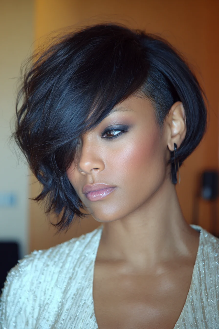 Asymmetrical Textured Bob with Side Undercut and Long Swept Fringe