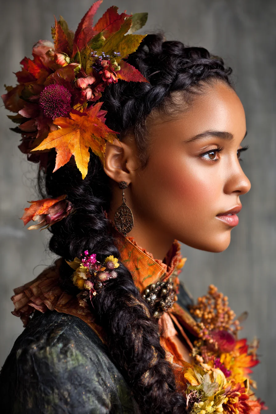 Autumn Floral Crown Braid with Textured Long Braid