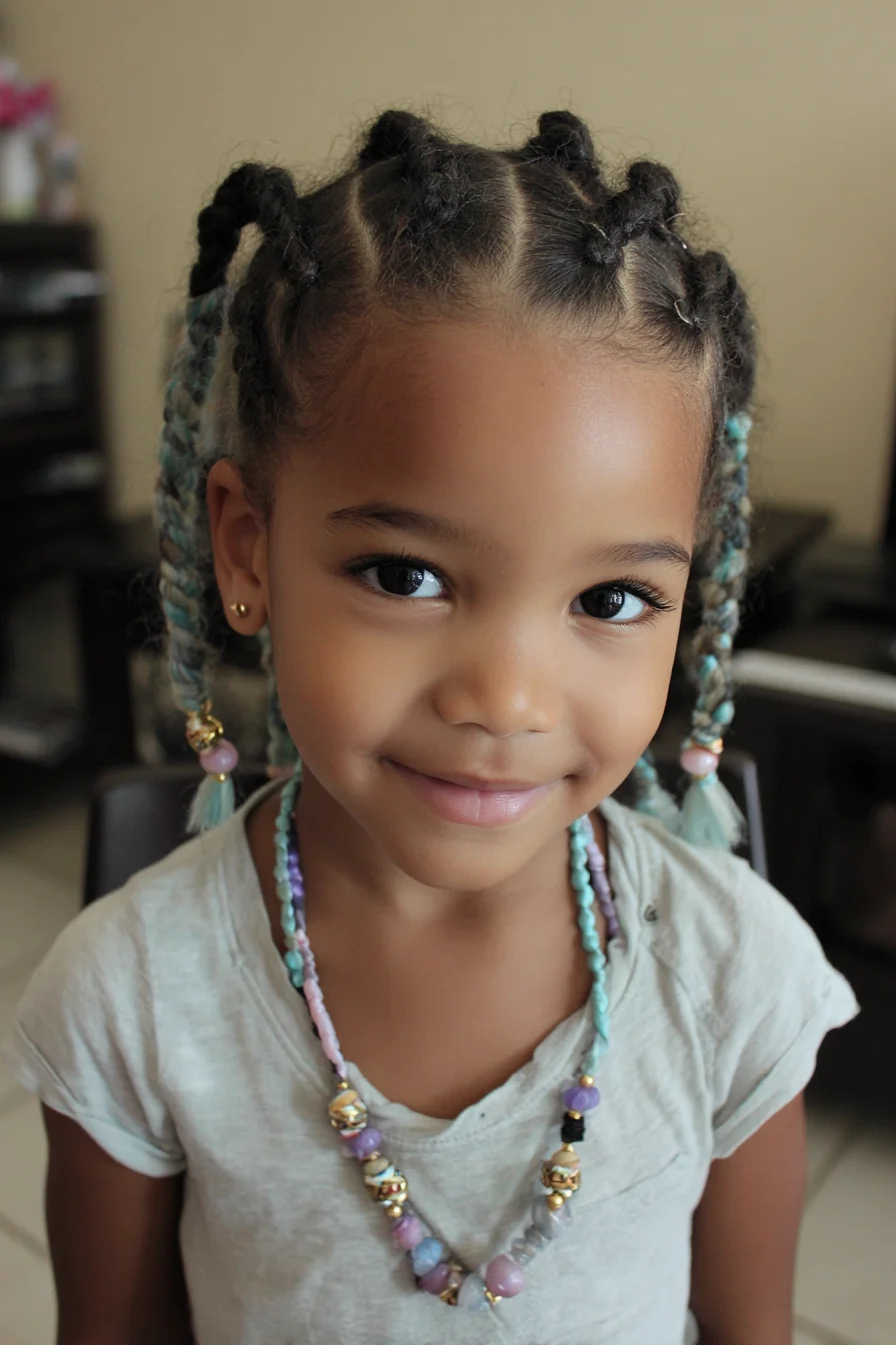 Bantu Knot Base with Two-Strand Braids and Pastel Extensions (Kids)