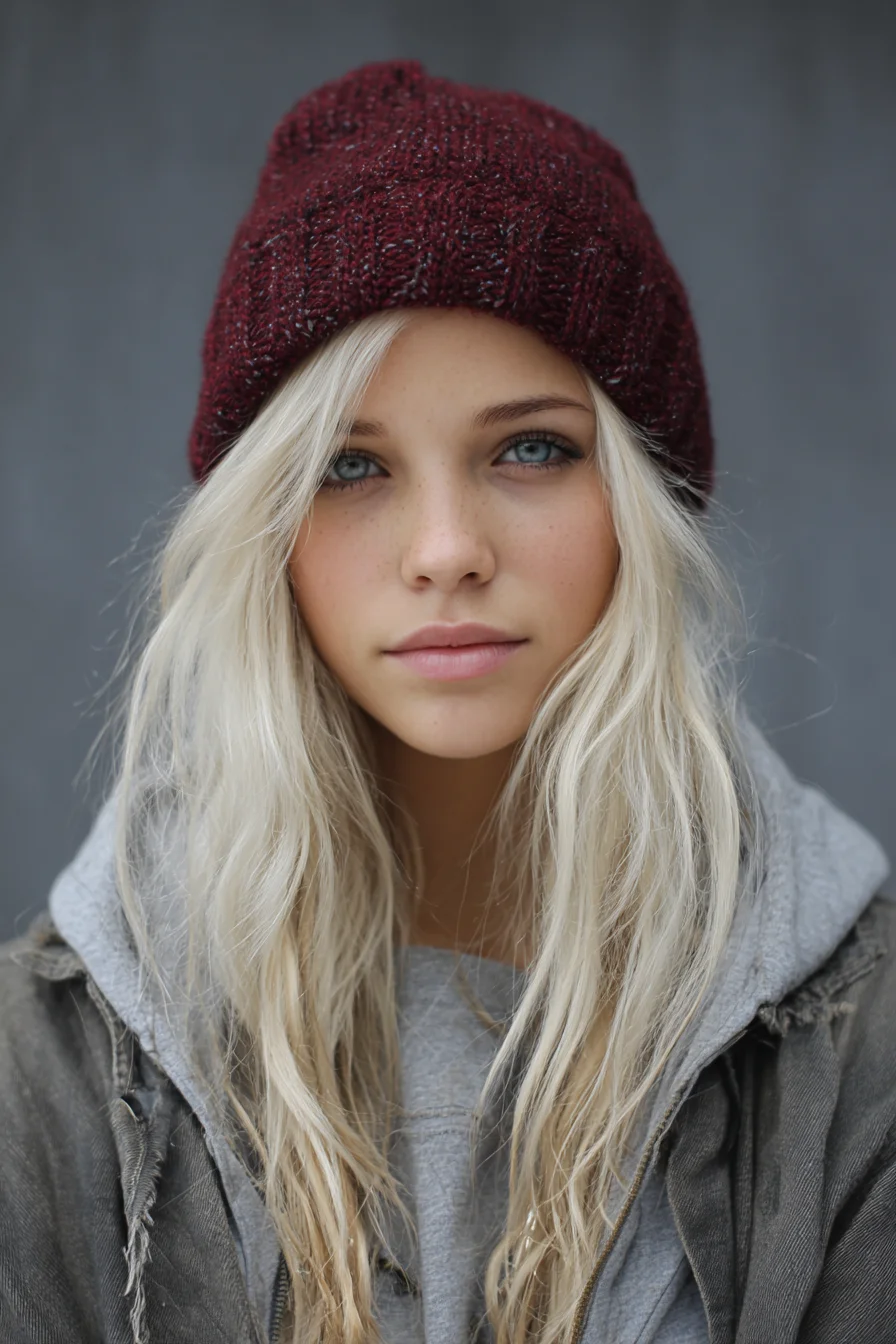 Beanie-Friendly Platinum Blonde Long Layers with Natural Beach Waves