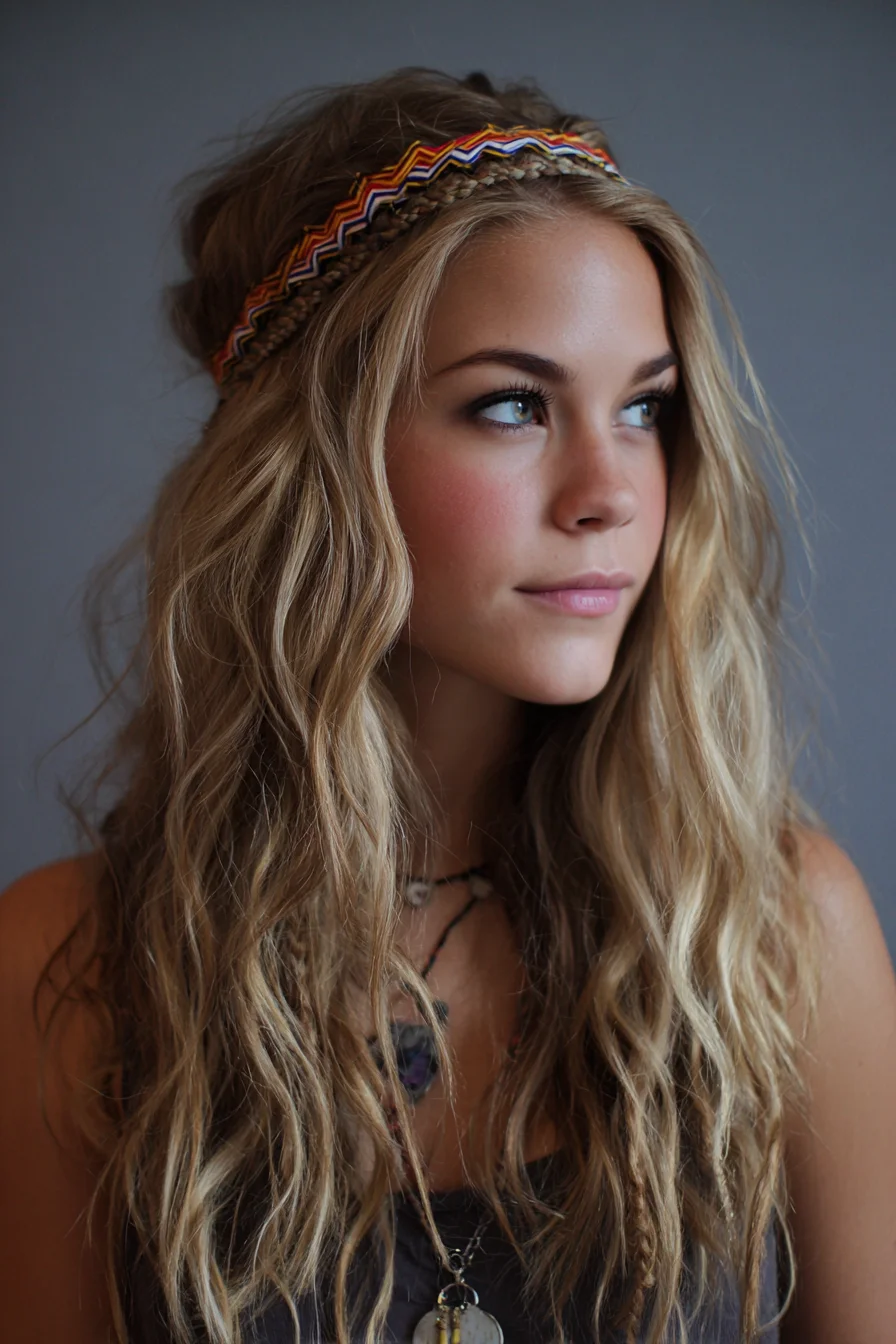 Boho Beach Waves with Braided Headband — Textured Long Hair Style