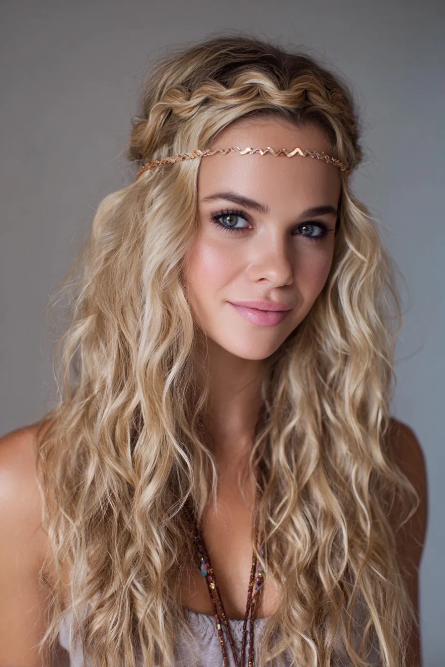 Boho Beach Waves with Crown Braid — Long Wavy Hair Styling