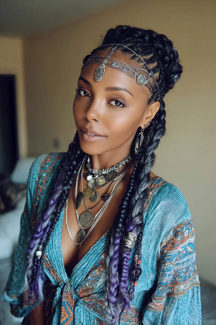 Boho Cornrow Crown with Long Box Braids and Purple Extension Accents