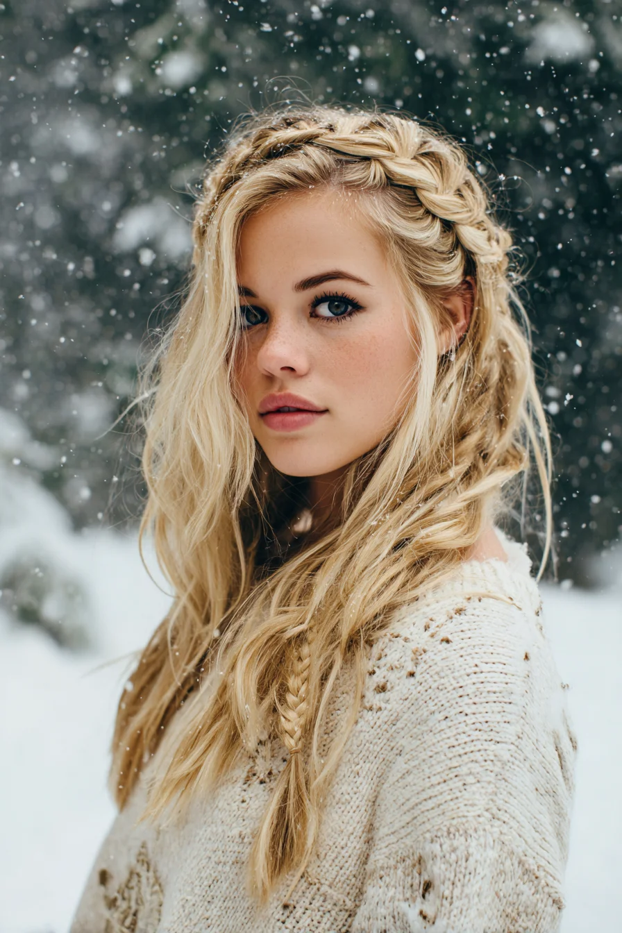 Boho Crown Braid with Loose Textured Waves and Accent Braids