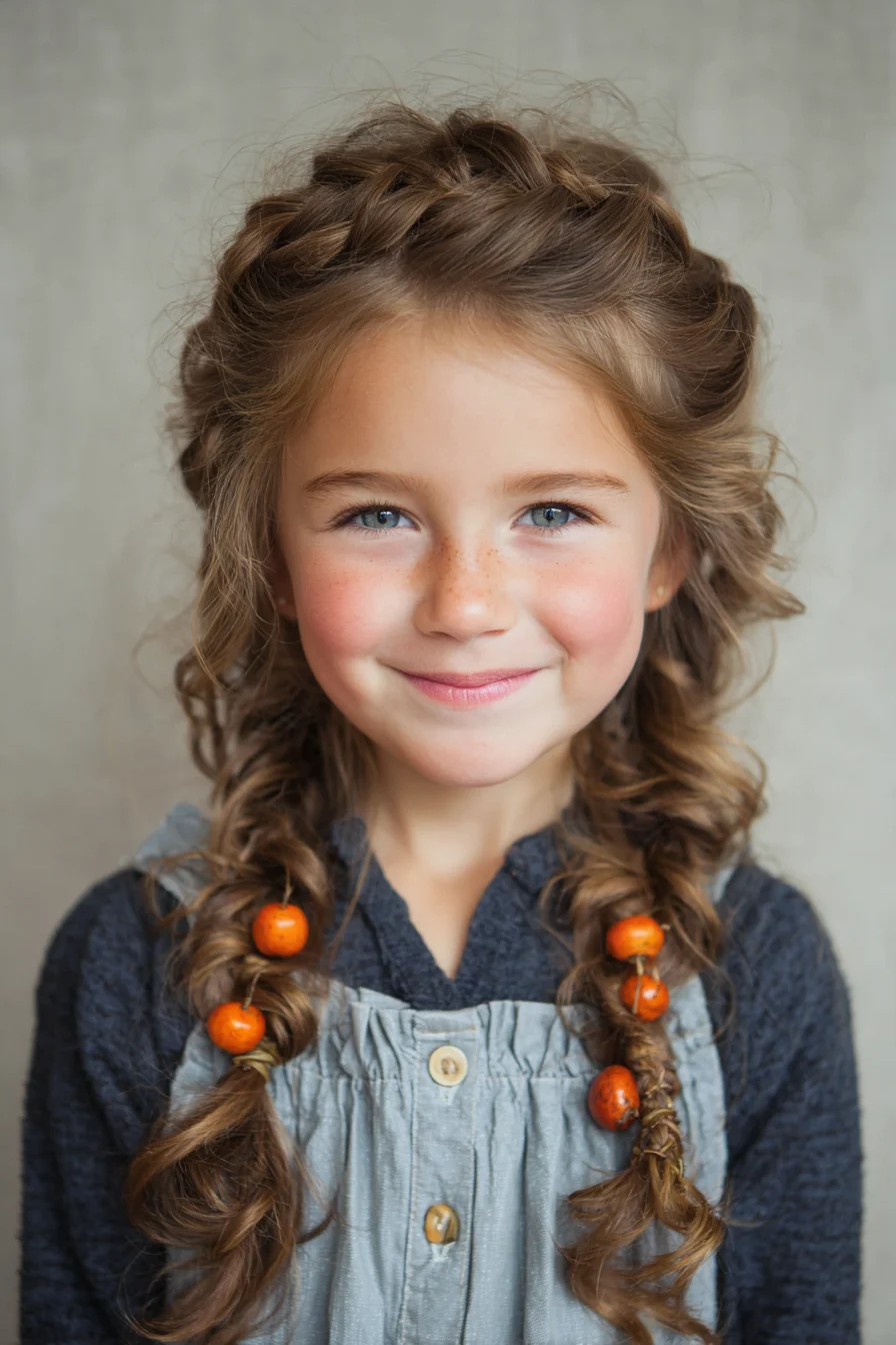 Boho Crown-to-Double Braids with Loose Curls and Beaded Accents