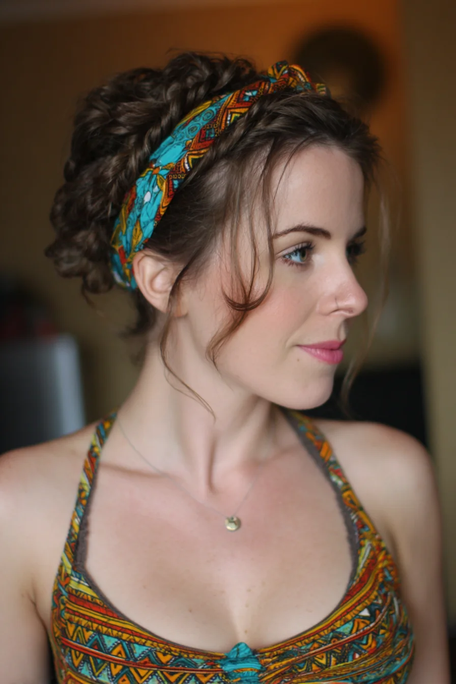 Boho Curly Updo with Patterned Scarf Headband