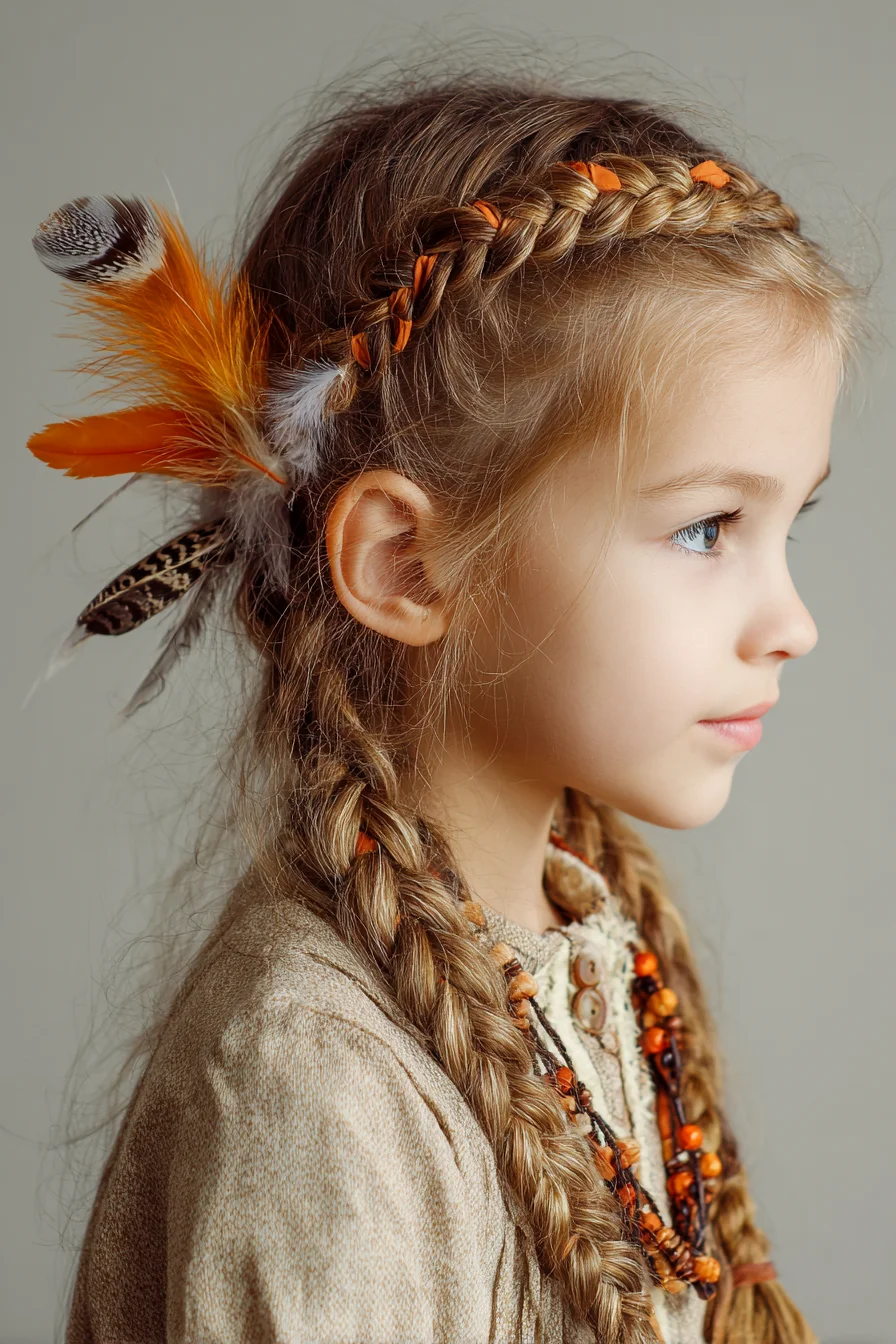 Boho Double Dutch Braids with Ribbon and Feather Accents