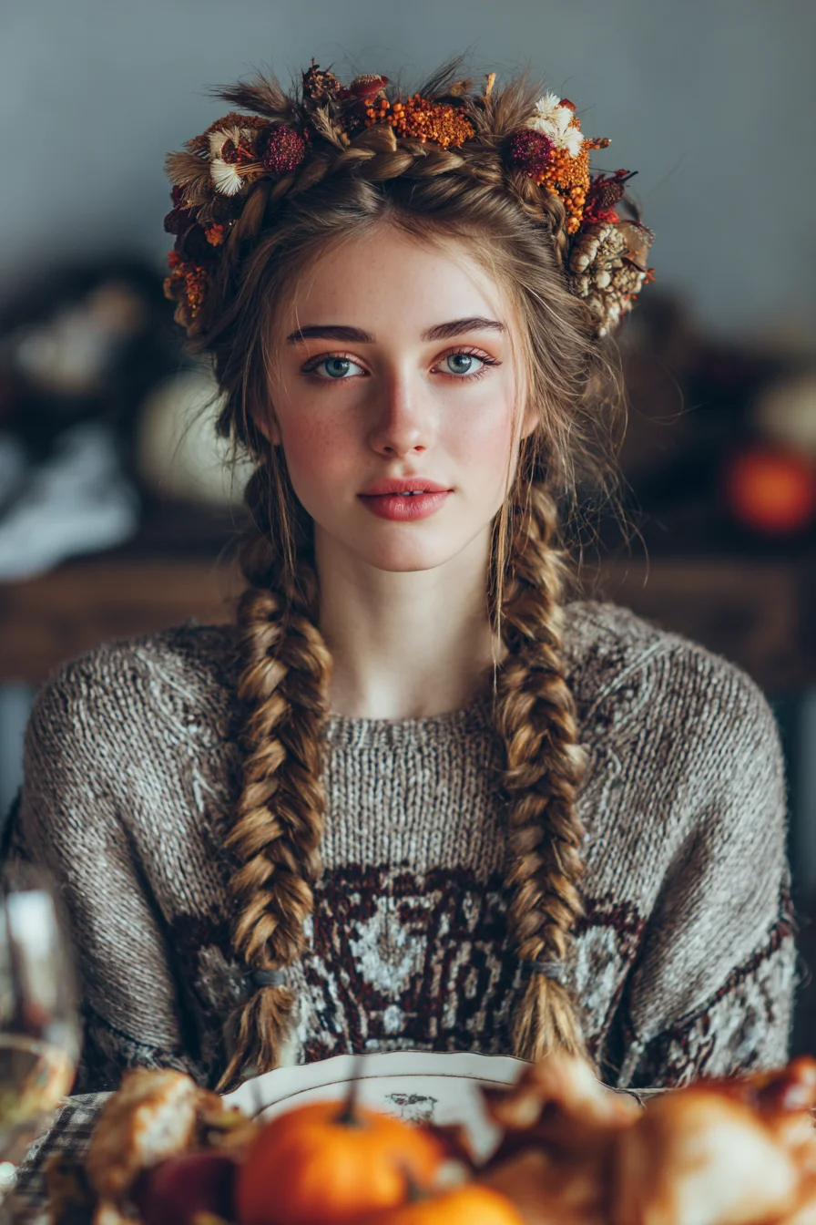 Boho Double Fishtail Braids with Braided Floral Crown