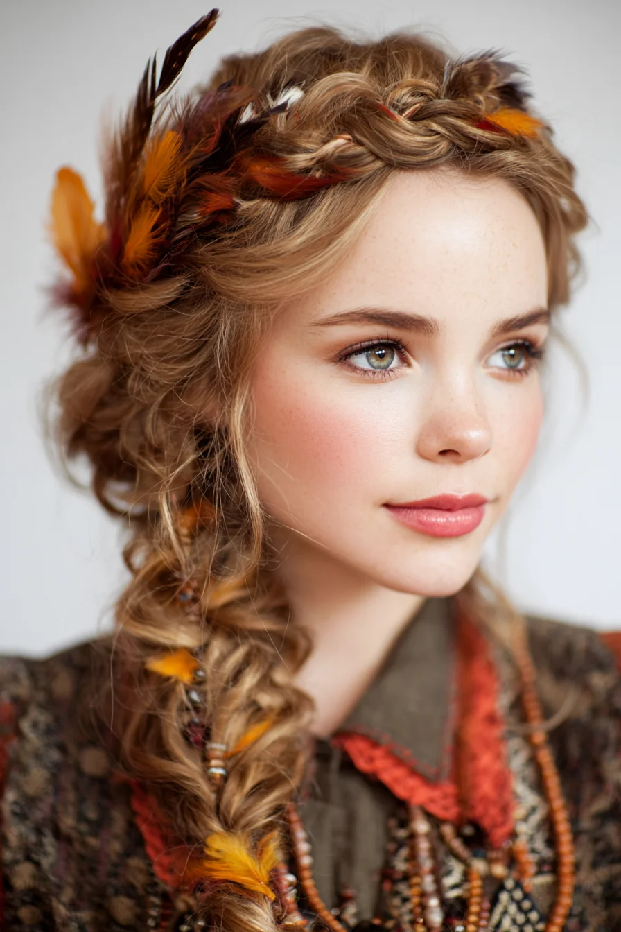 Boho Feathered Braided Crown with Textured Side Braid