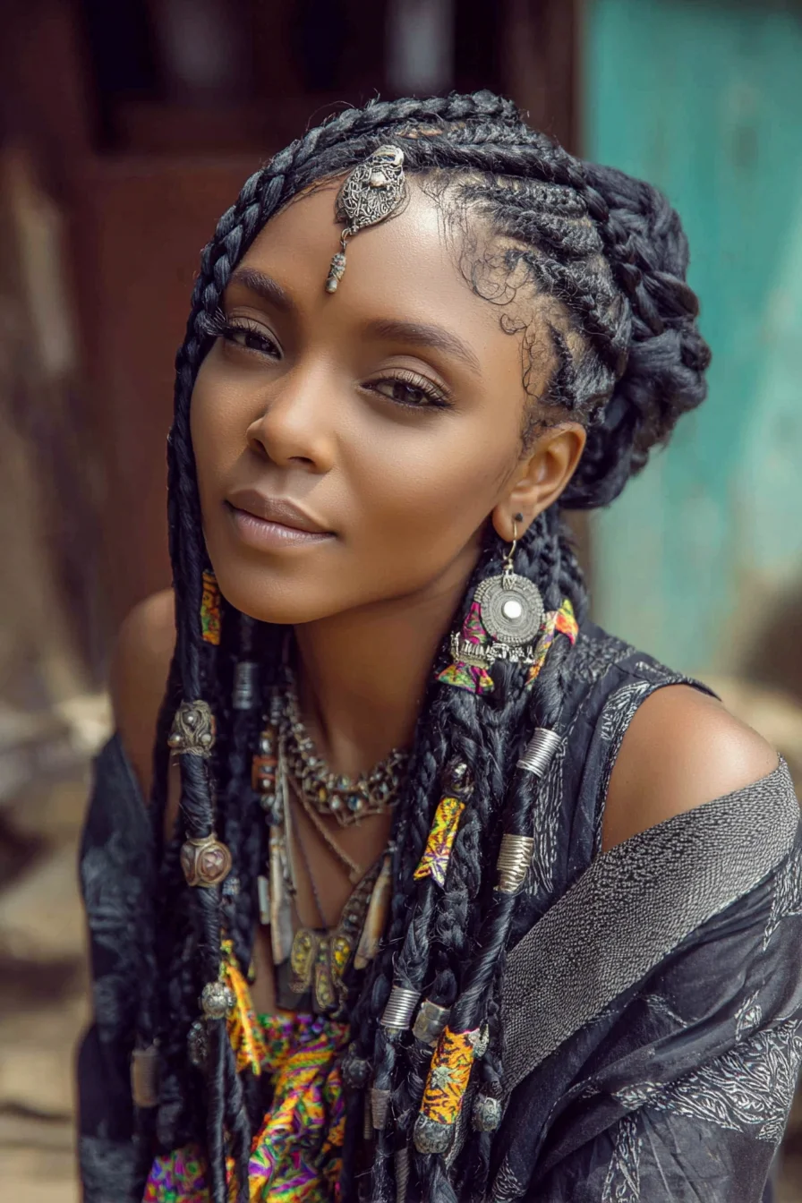 Boho Fulani Cornrow Braids with Beads, Thread Wraps & Edge Styling