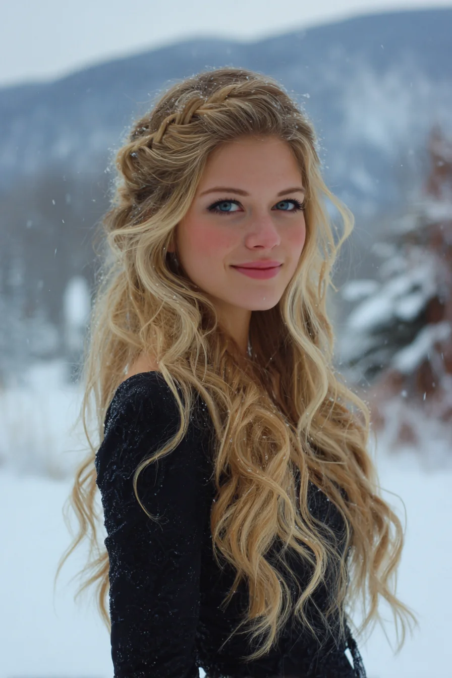 Boho Half-Up Crown Braid with Loose Beach Waves