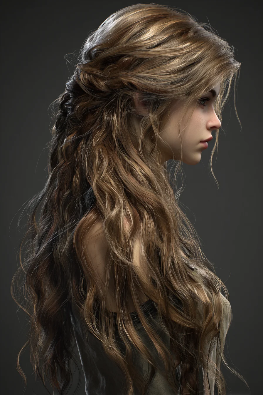Boho Half‑Up Textured Waves with Loose Crown Braid