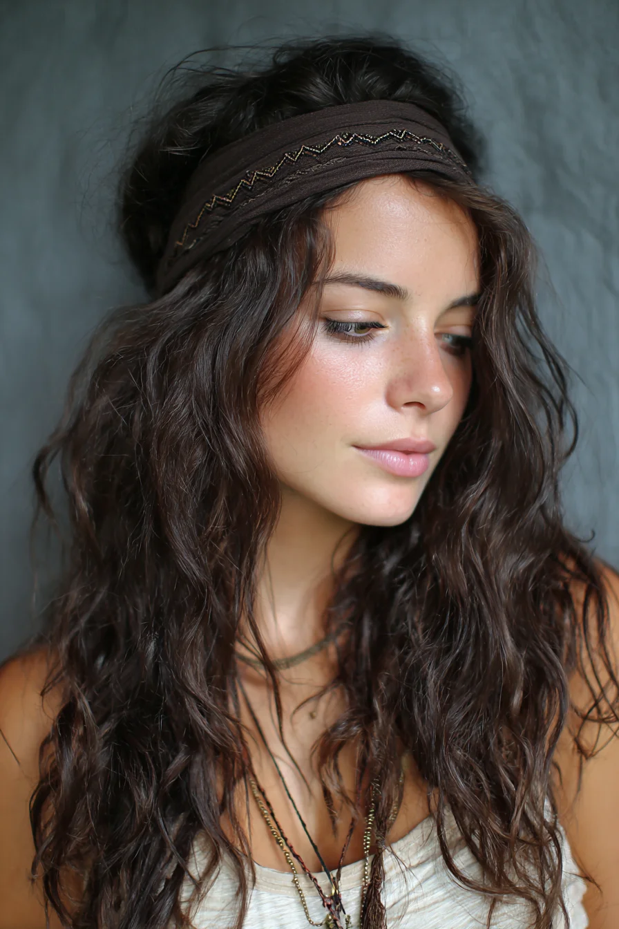Boho Headband Tousled Beach Waves — Natural Wavy/Curly Hair Style