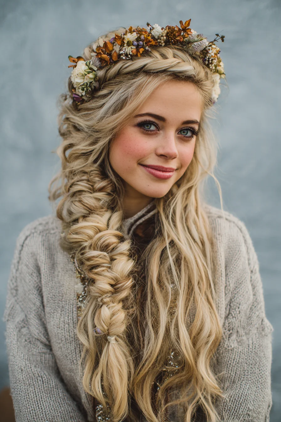 Boho Side Fishtail with Crown Braid and Floral Accent
