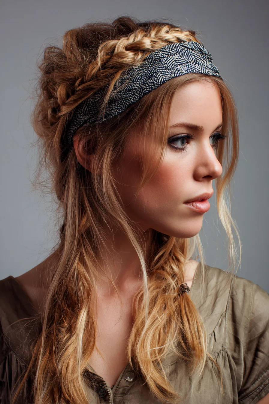 Boho Textured Crown Braid with Headband and Loose Low Braids