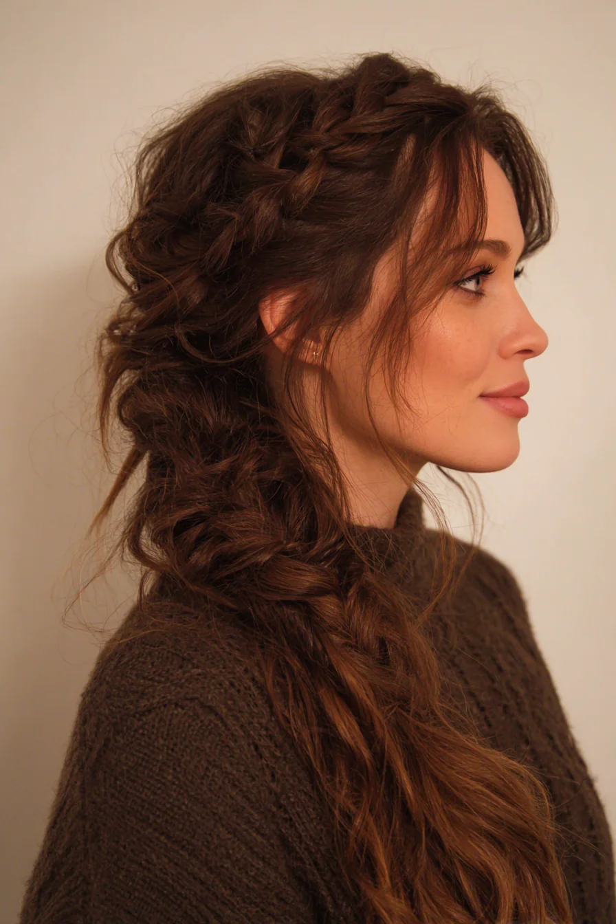 Boho Textured Side Fishtail with Crown Braid