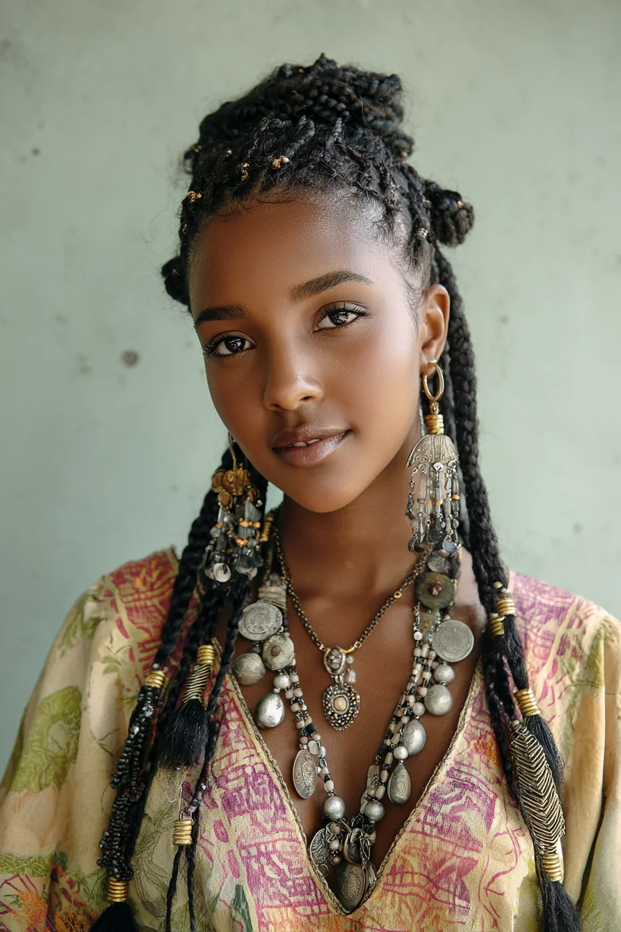 Box Braids with High Knot Bun and Beaded Gold Accents