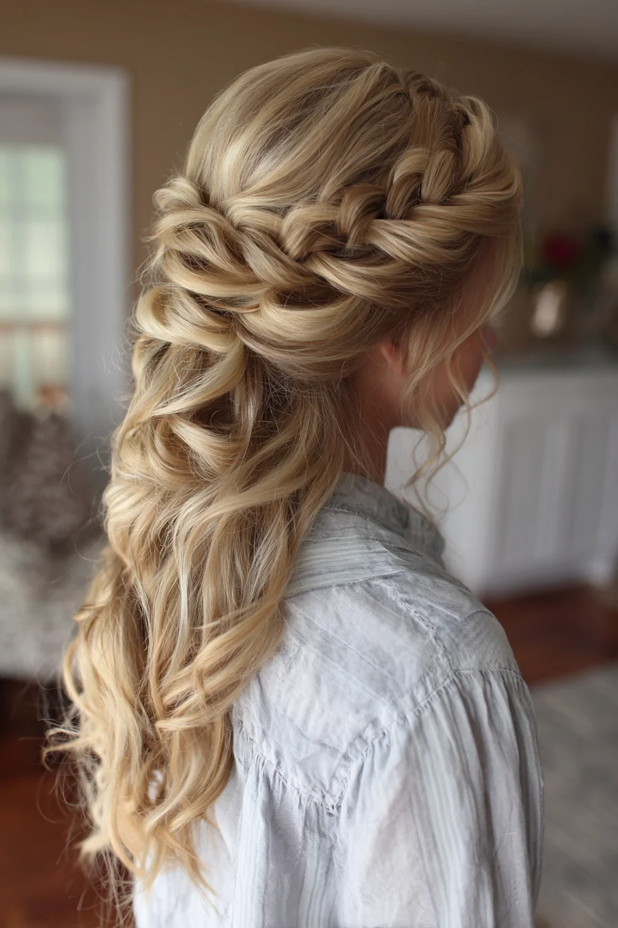 Braided Crown Half-Up with Loose Romantic Curls