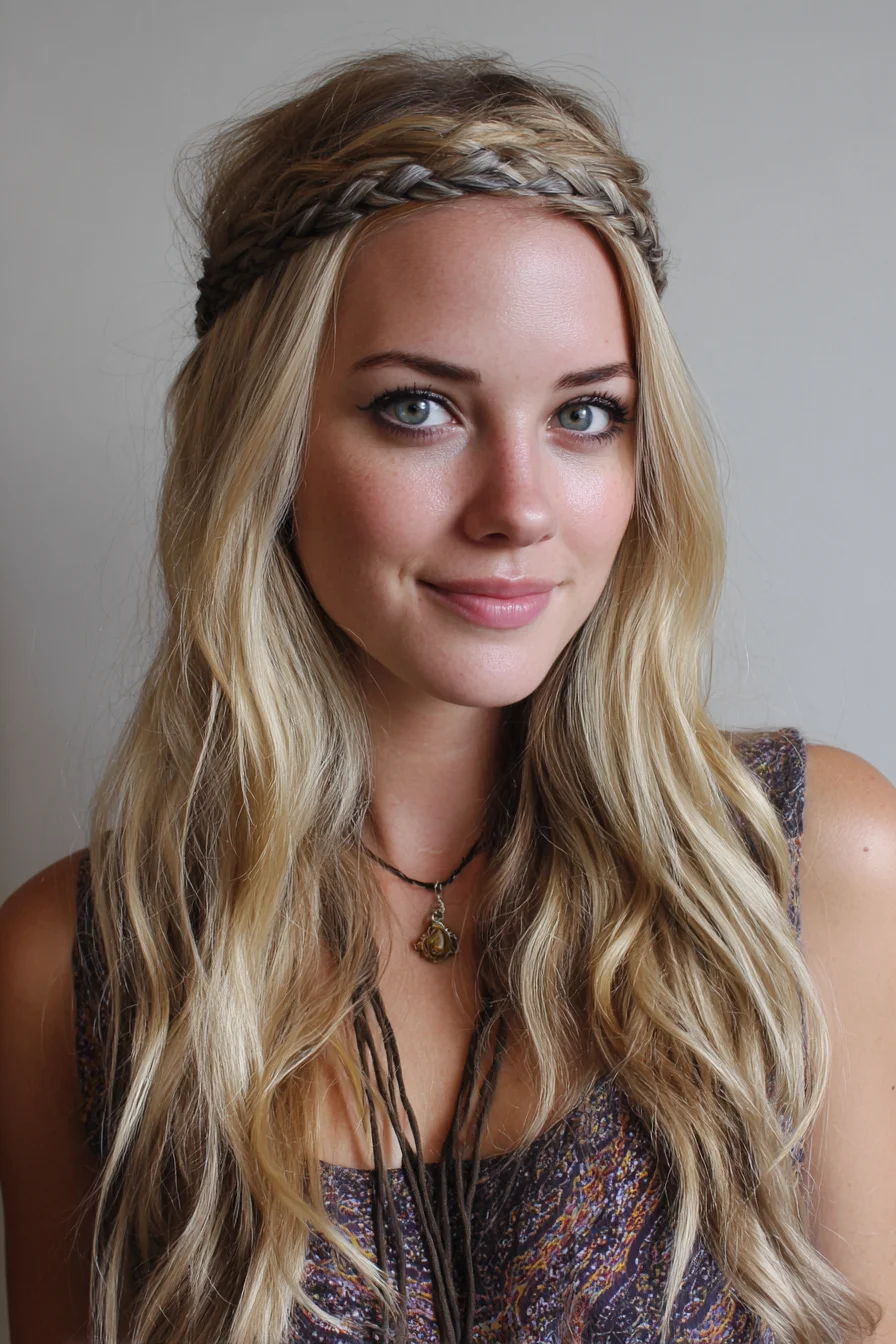Braided Crown Headband with Beachy Waves for Long, Wavy Hair