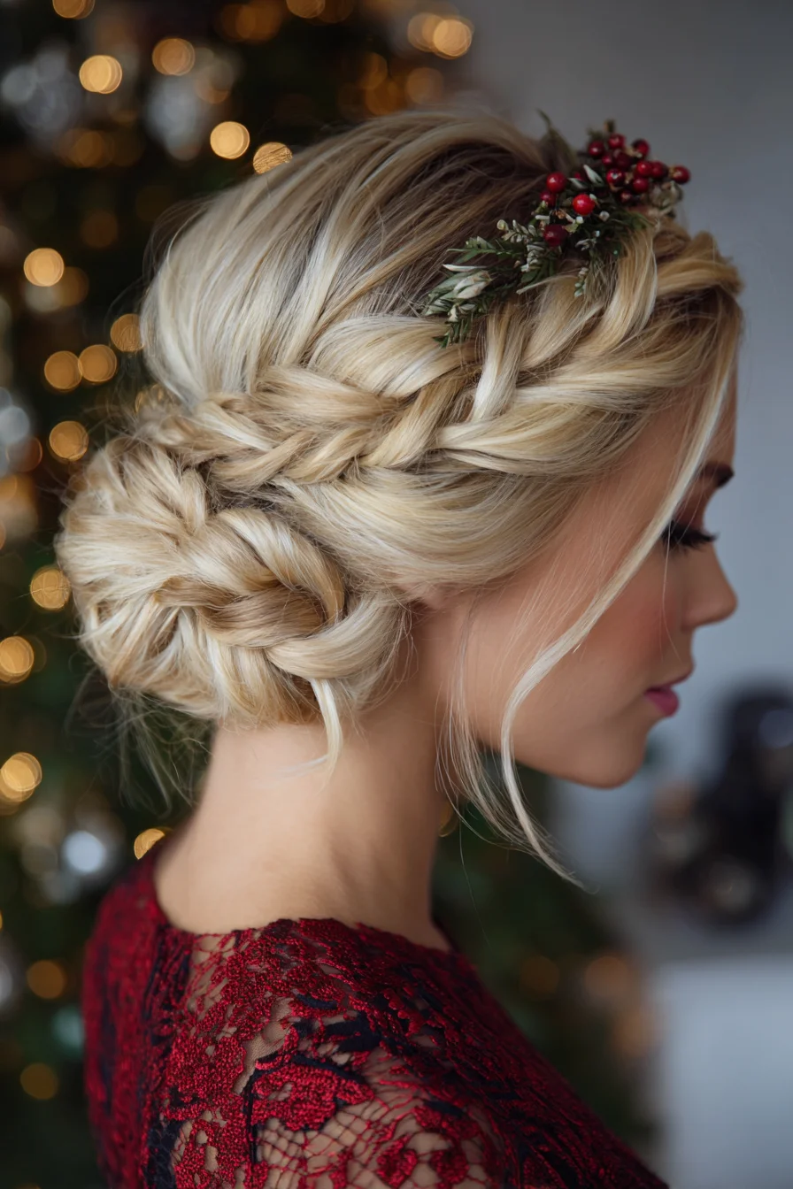 Braided Crown into Low Messy Bun — Textured Romantic Updo for Medium/Thick Hair