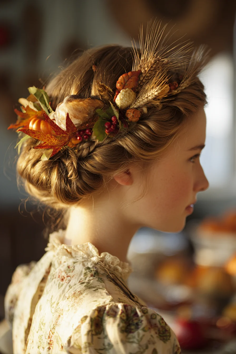 Braided Crown Low Bun with Autumn Wheat and Floral Accents