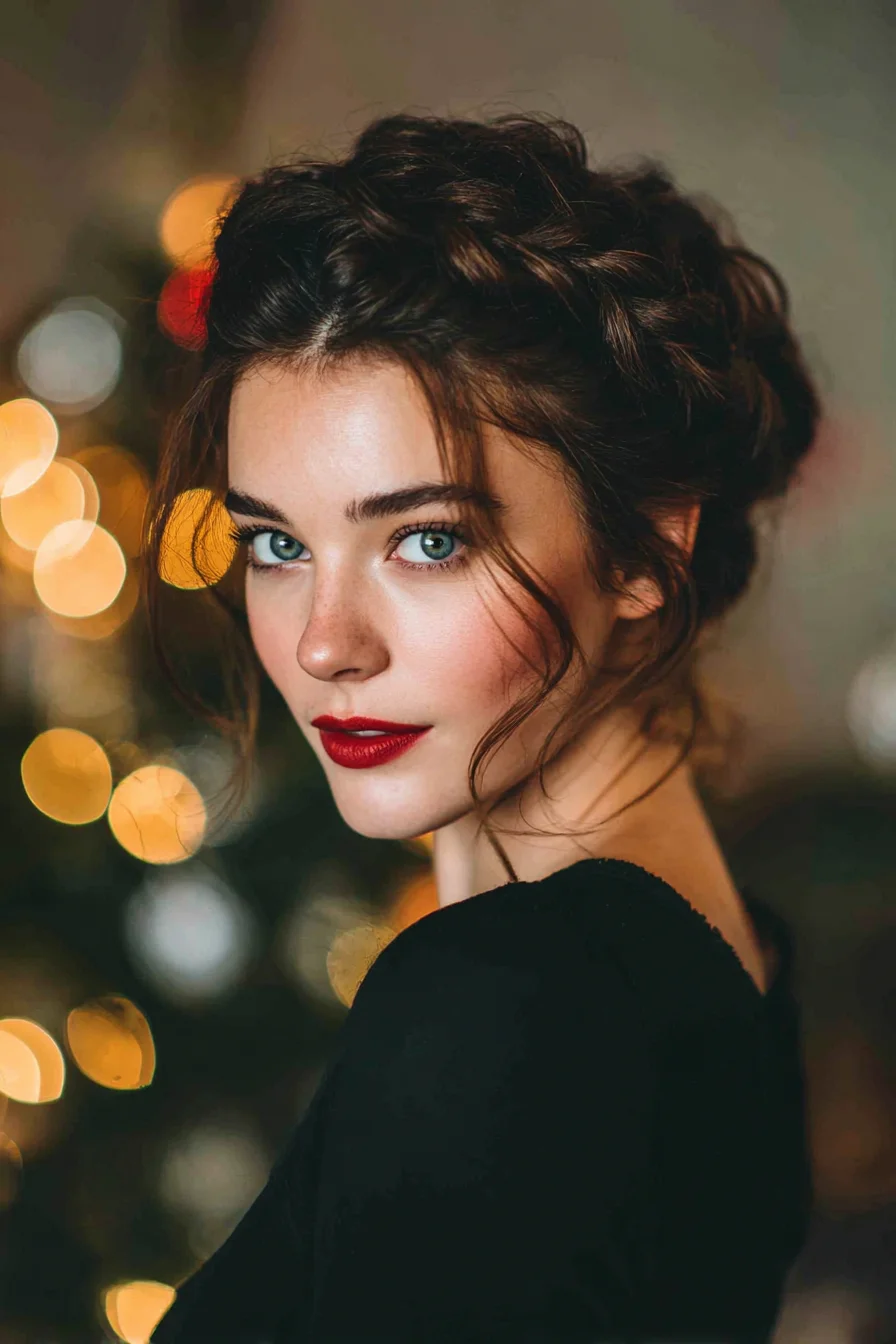 Braided Crown Updo with Soft Face‑Framing Tendrils — Romantic Textured Updo