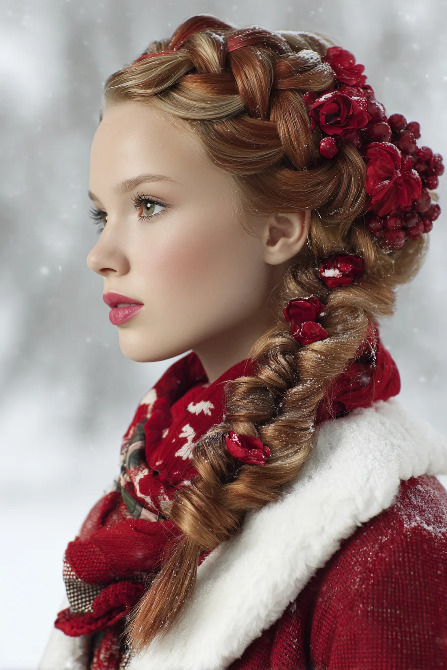 Braided Crown with Floral Side Plait — Romantic Winter Wedding Hair