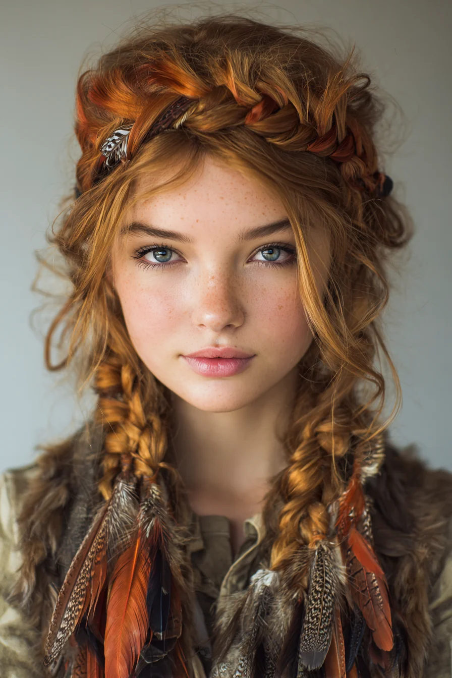 Braided Crown with Textured Double Braids and Feather Accents