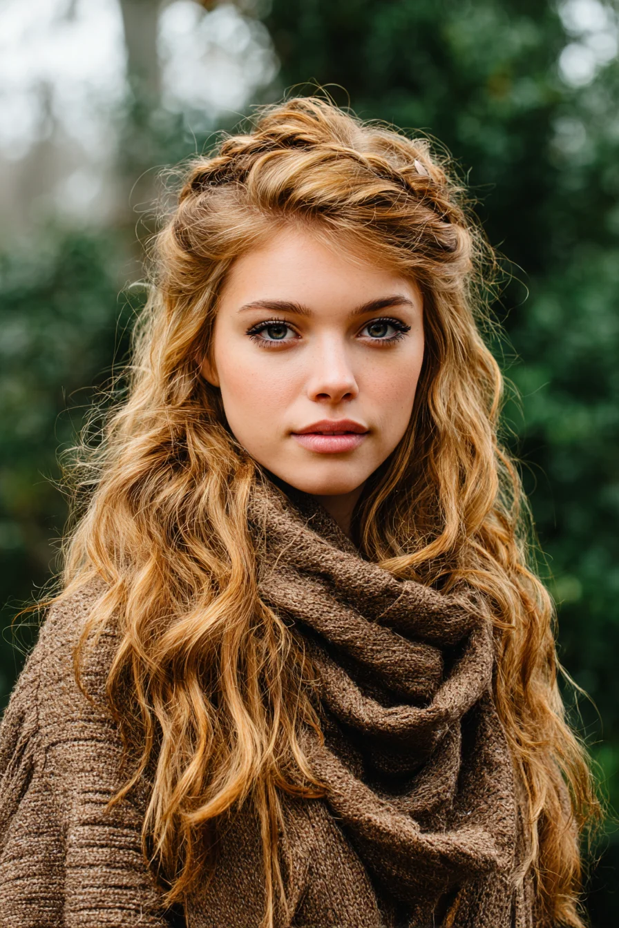 Braided Half-Up Beach Waves for Long Wavy Hair