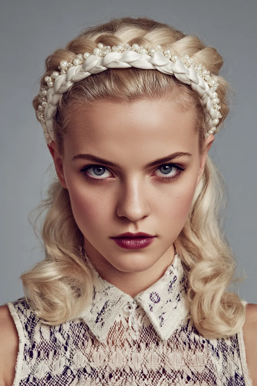 Braided Pearl Halo with Soft Vintage Waves