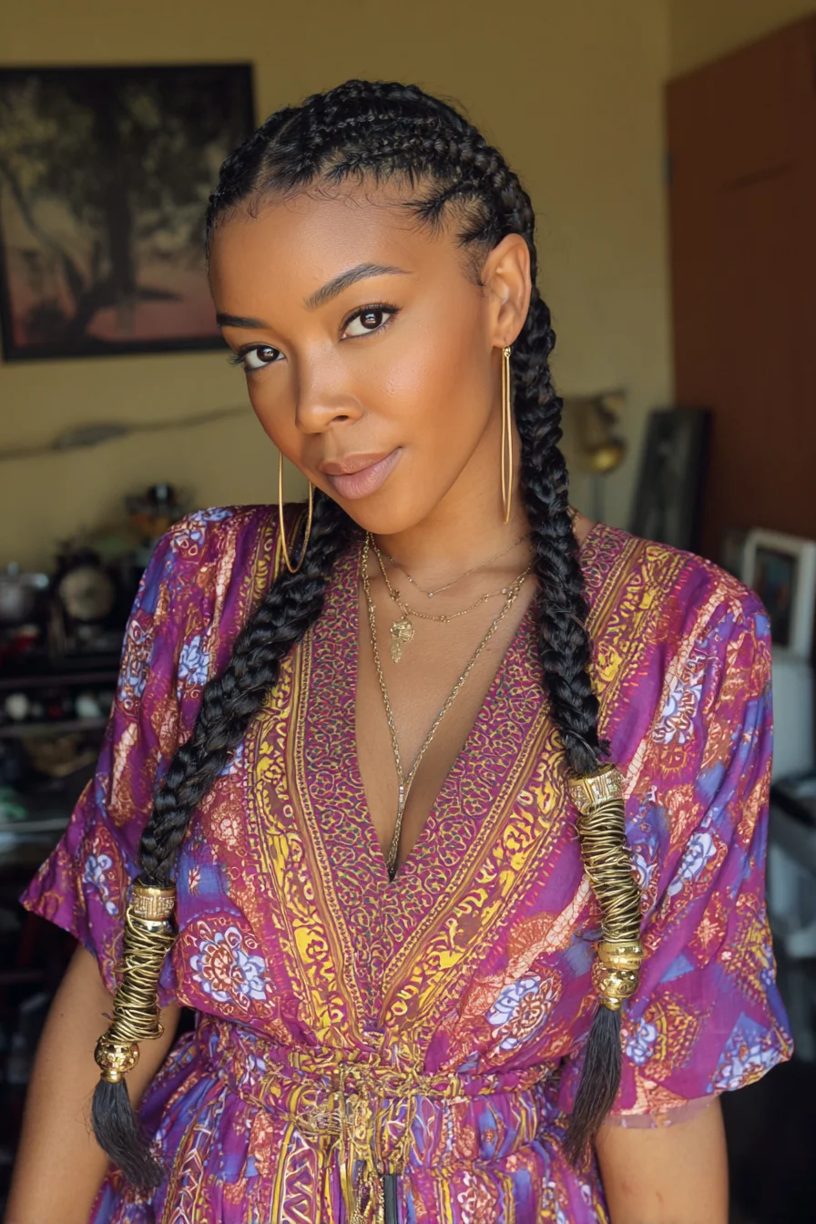 Center-Part Cornrow (Dutch) Braids with Gold Thread Wraps