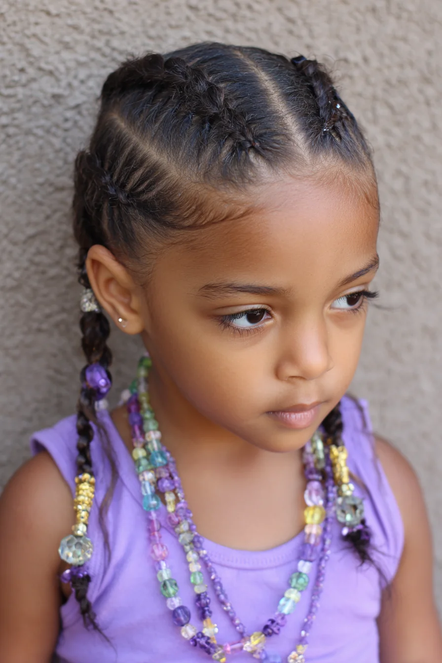 Center-Part Feed-In Cornrows with Beaded Two-Strand Braids