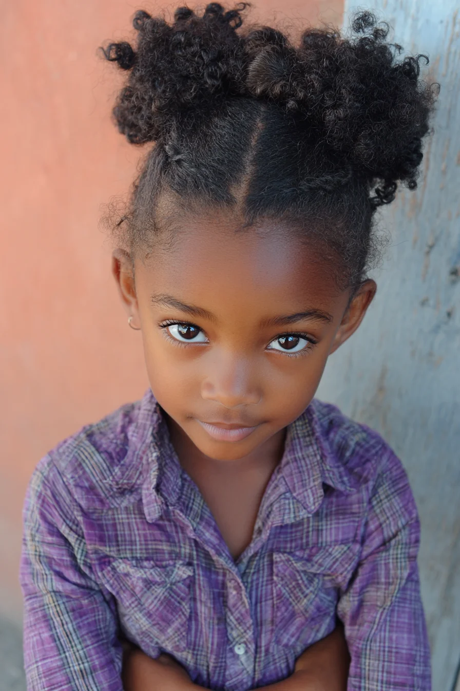 Center-Parted Double Puff Buns for Tight Curls (3C–4C)