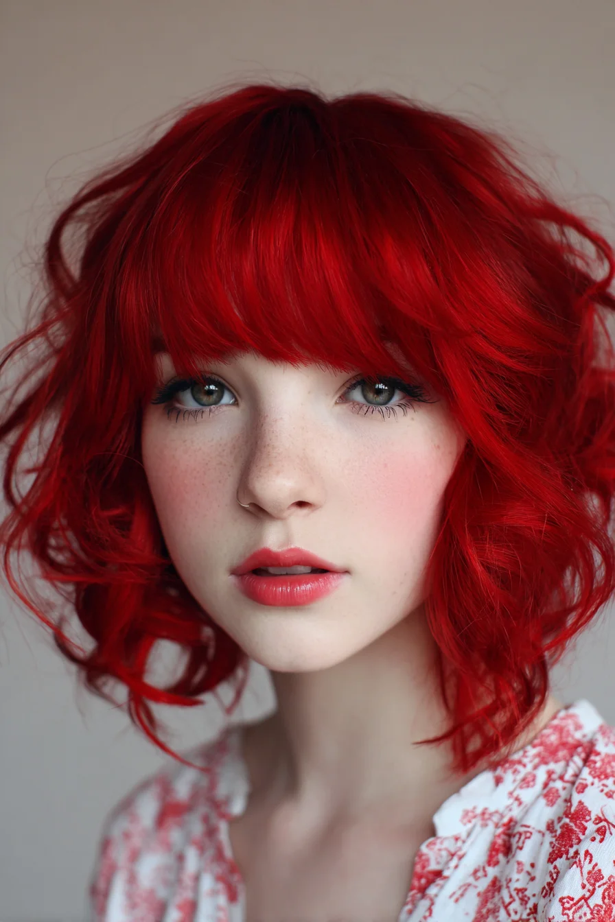 Choppy Textured Red Bob with Soft Blunt Fringe