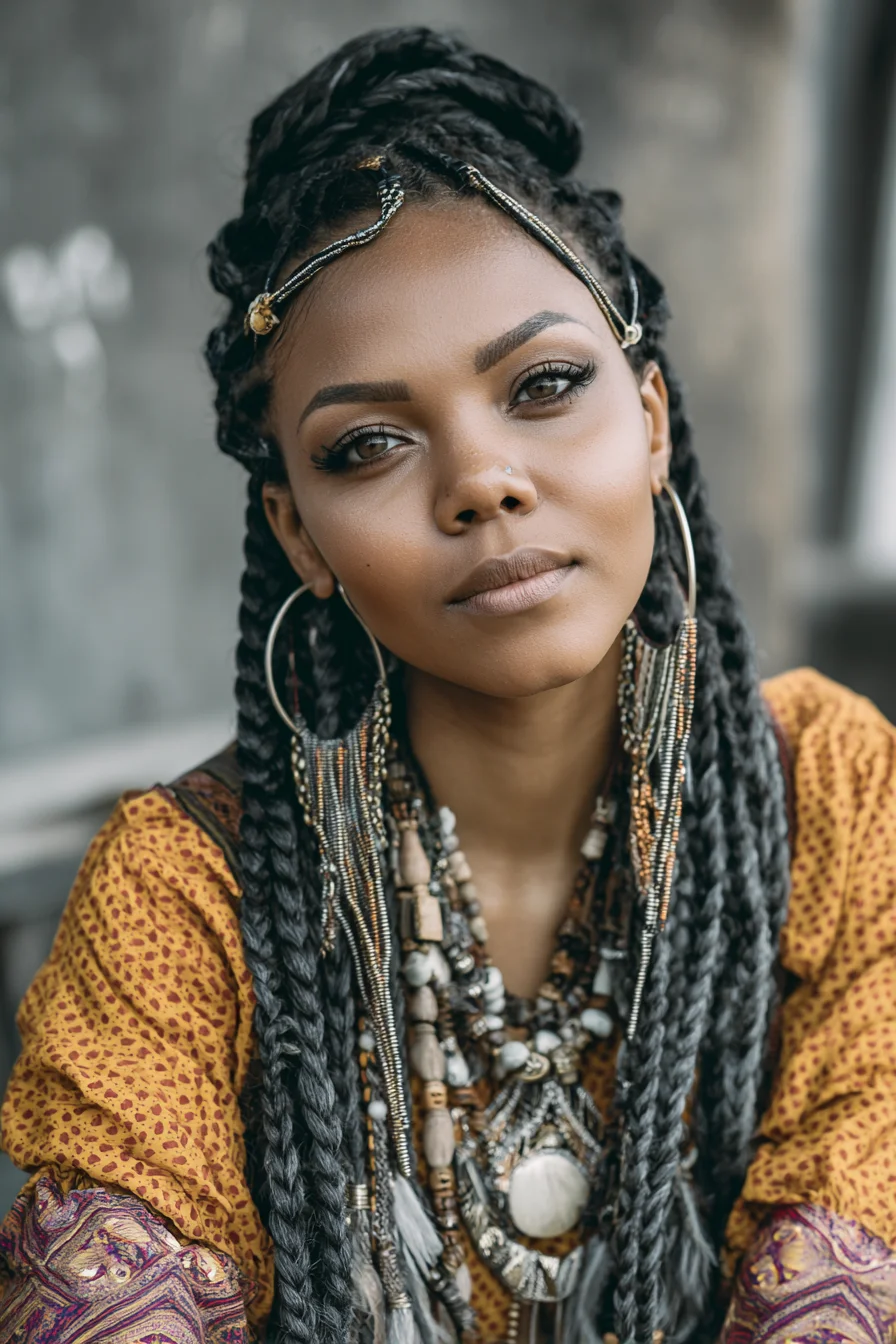 Chunky Box Braids with Braided Crown Updo and Hair Jewelry
