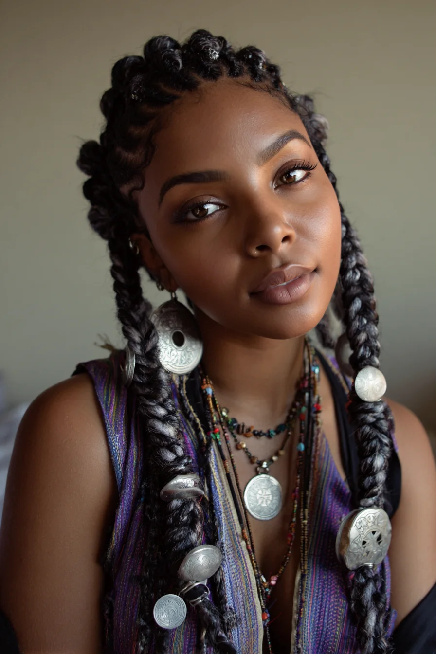 Chunky Cornrow-to-Braid Style with Decorative Metal Coin Accessories