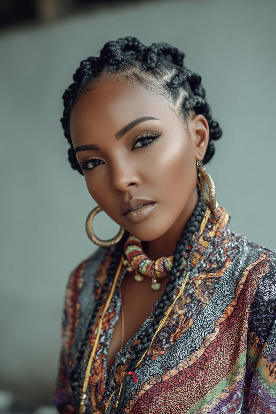 Chunky Cornrows into Bantu Knots with Long Feed-In Braids