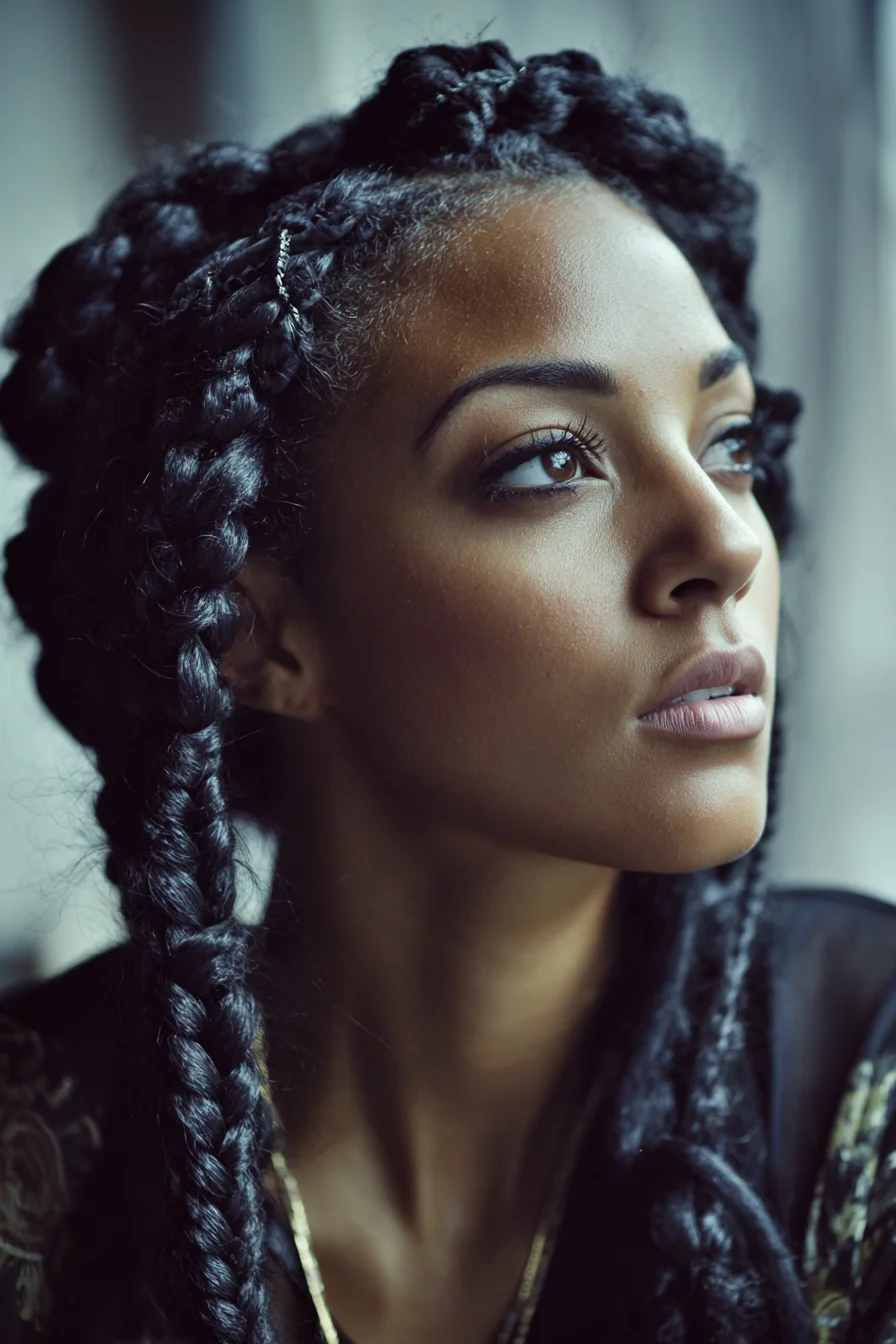 Chunky Feed‑In Cornrows with Long Three‑Strand Braids and Hair Cuffs