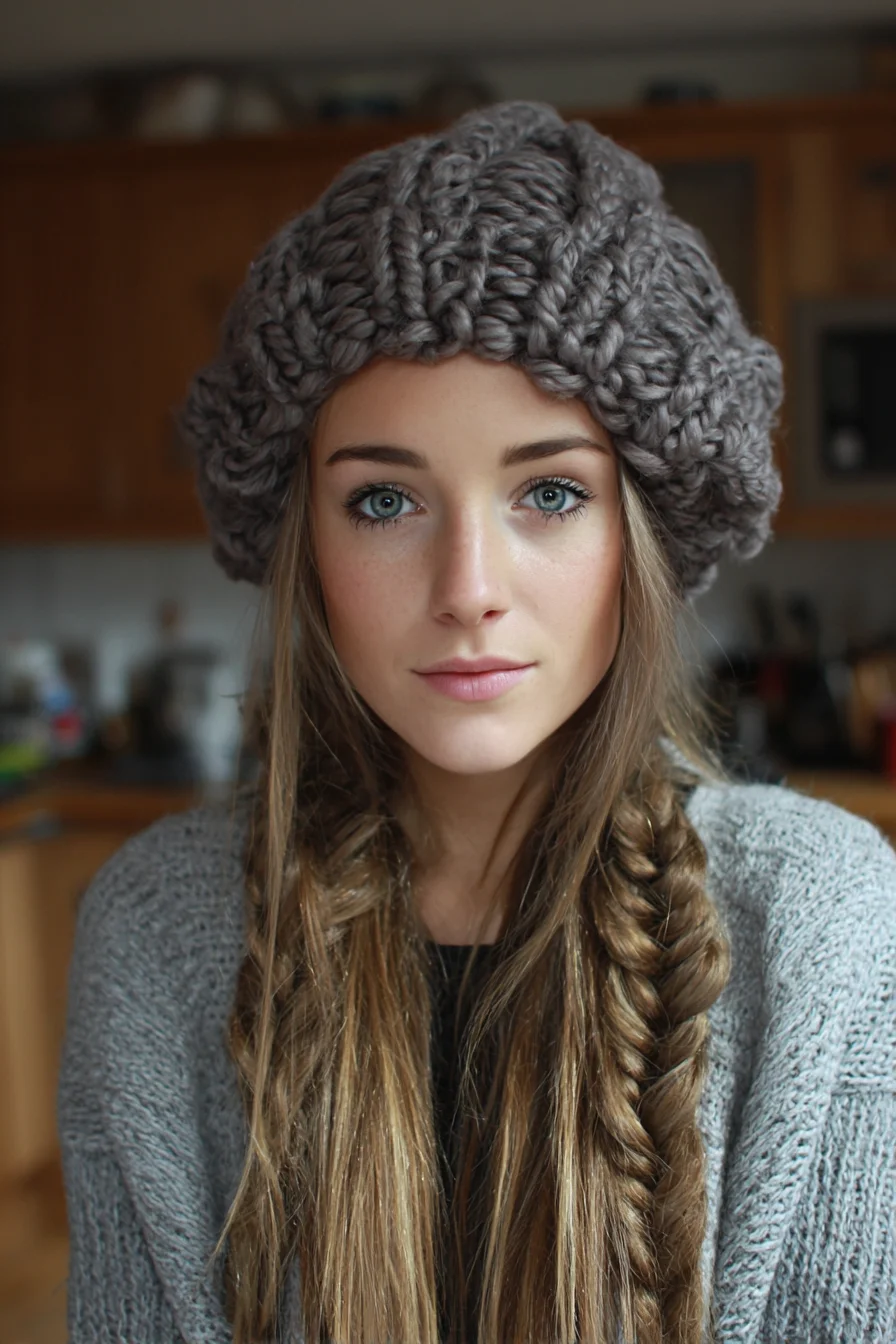 Chunky Knit Beret with Loose Side Fishtail Braid — Long Layered Hair