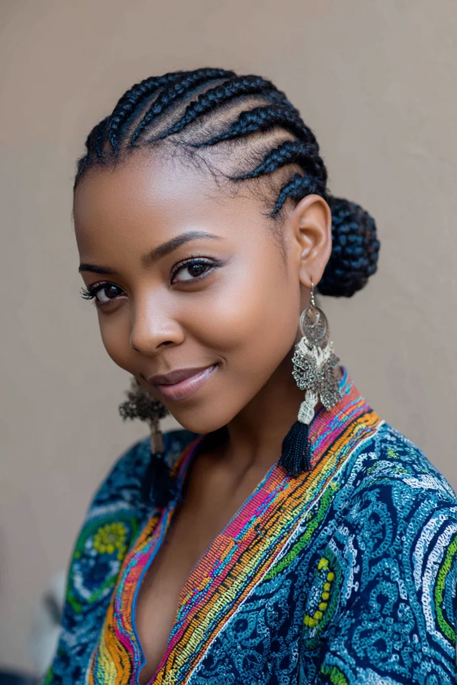 Cornrow Braids Styled Into a Low Braided Bun
