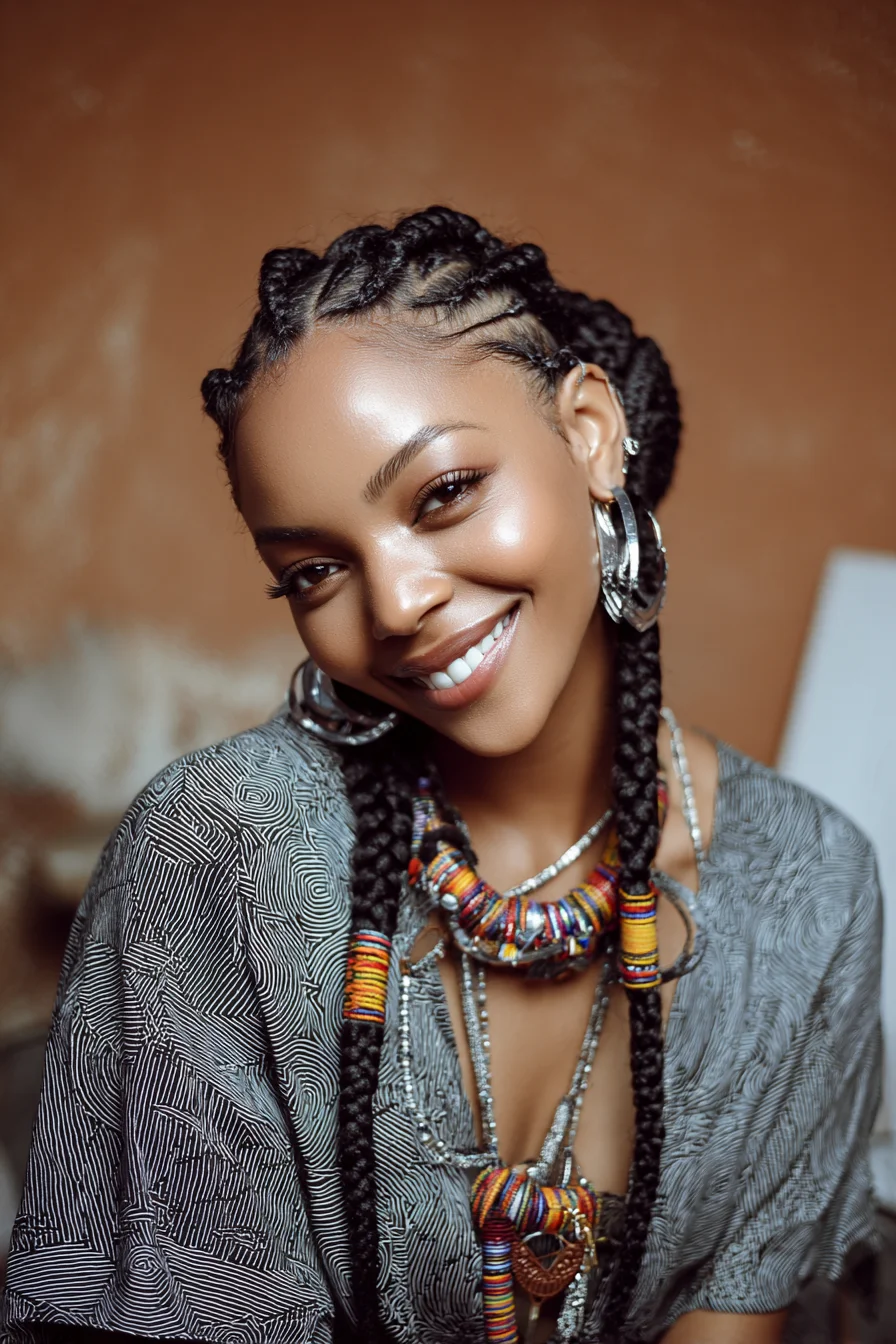 Cornrow Feed‑In Braids into Long Two‑Strand Braids with Colorful Wraps