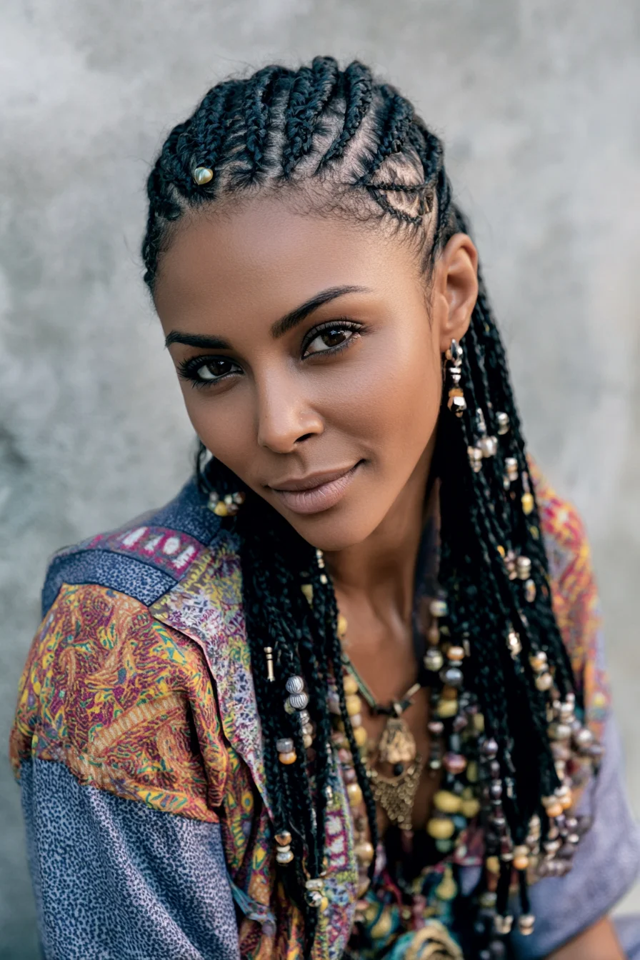 Cornrow Feed‑In Braids Transitioning to Beaded Box Braids