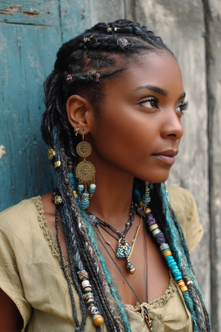 Cornrow Side-Part with Long Beaded Micro Braids and Teal Extension Accents